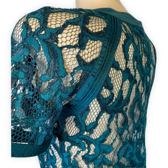 ^^HOST PICK^^ Teal Lace Overlay Blouse Sexy See Through • Size S - Picture 6 of 7